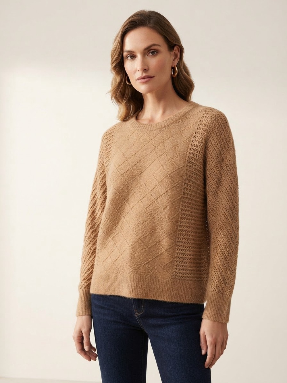 J.Jill Classic Cable-Knit Camel Crewneck Sweater Size S